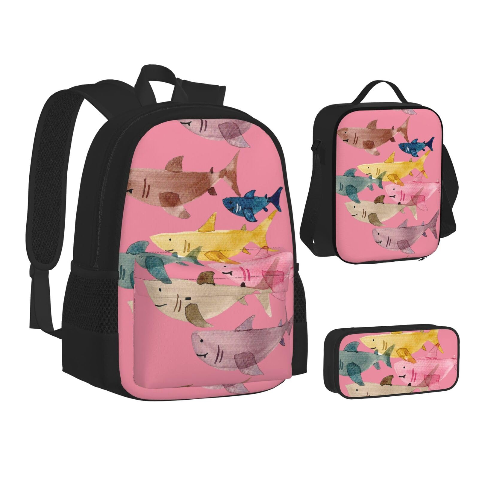 WURTON Farbenfrohes Fisch-Druck-Rucksack-Lunchbox-Set, 3-in-1-Rucksack und Federmäppchen, passende Kombination, Schwarz, Einheitsgröße