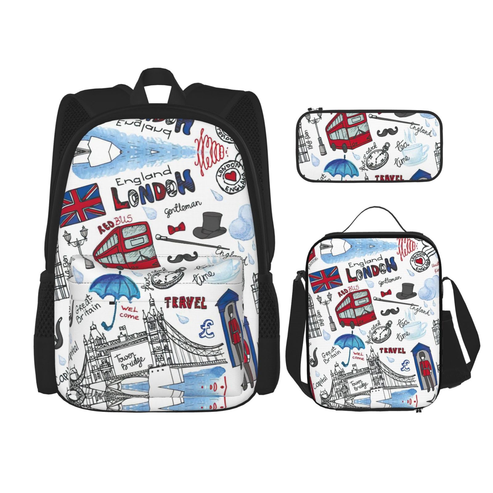 WURTON London Print Schulrucksack 3 in 1 Büchertasche Set mit Lunchbox Federmäppchen Reise Laptop Daypacks