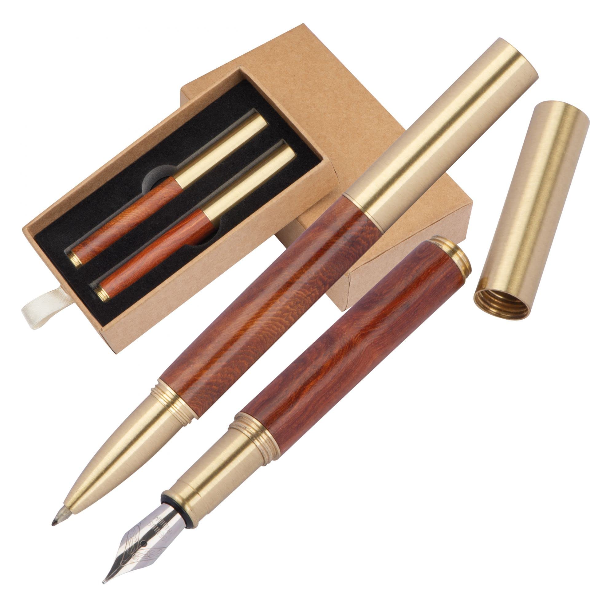 Aussergewöhnliches Hochwertiges Mini Schreibset mit Tintenroller - Rollerball und Füllfederhalter aus Messing und Holz zum Zusammenschrauben im Geschenketui