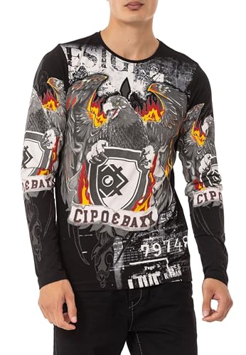 Cipo & Baxx Herren Longsleeve Print Langarmshirt Rundhalsausschnitt Sweatshirt Pulli Sweater CL553 Schwarz M