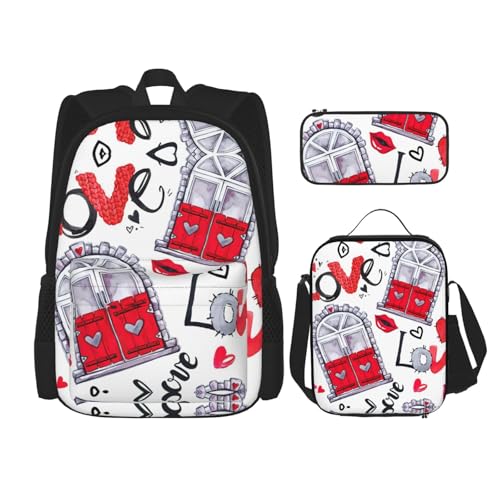 WURTON Schulrucksack-Set, Motiv: rote Herzen, Lippen und Liebe, Schultasche mit Lunchtasche, Federmäppchen, Kombination, Schulranzen-Set