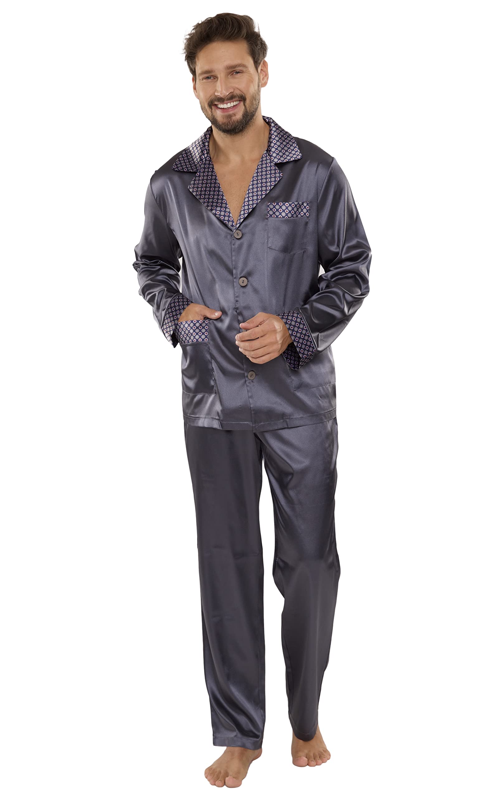 FOREX Lingerie edler und hochwertiger Satin-Pyjama Herren-Schlafanzug Hausanzug (M, grau)