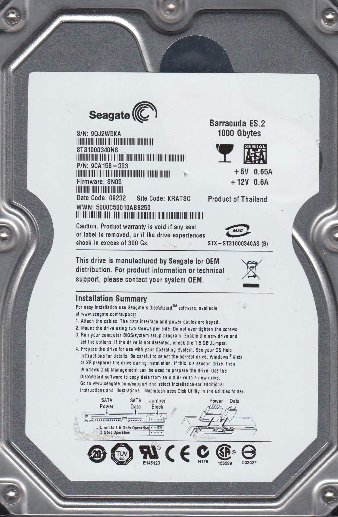 Seagate ST31000340NS 1TB Hard Drive (Refurbished)