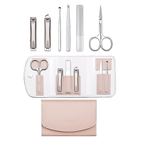 Maniküre Set Nagelknipser-Set for Damen, 6-teiliges Maniküre-Set aus Edelstahl mit spritzwassergeschütztem Nagelknipser, tragbare Reise-Nagelpflegewerkzeuge mit Lederetui Nagelknipser (Color : Pink)