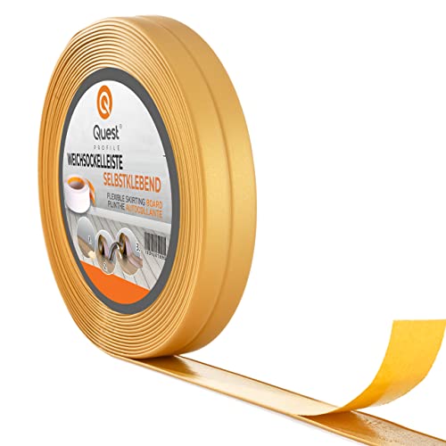 Quest Weichsockelleiste Selbstklebend 15 mm x 15 mm | 25 Meter | PVC Knickleiste Abschlussleiste für Küche Badezimmer Dichtungsband Flexibel Dicht Dekorativ Gold