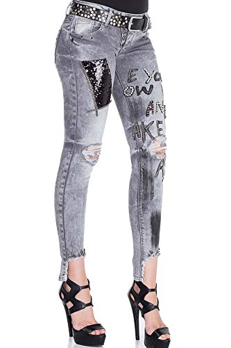 Cipo & Baxx Damen Jeanshose Destroyed Slim Fit Pailletten Patches Denim Jeans Pants Grau W30 L32