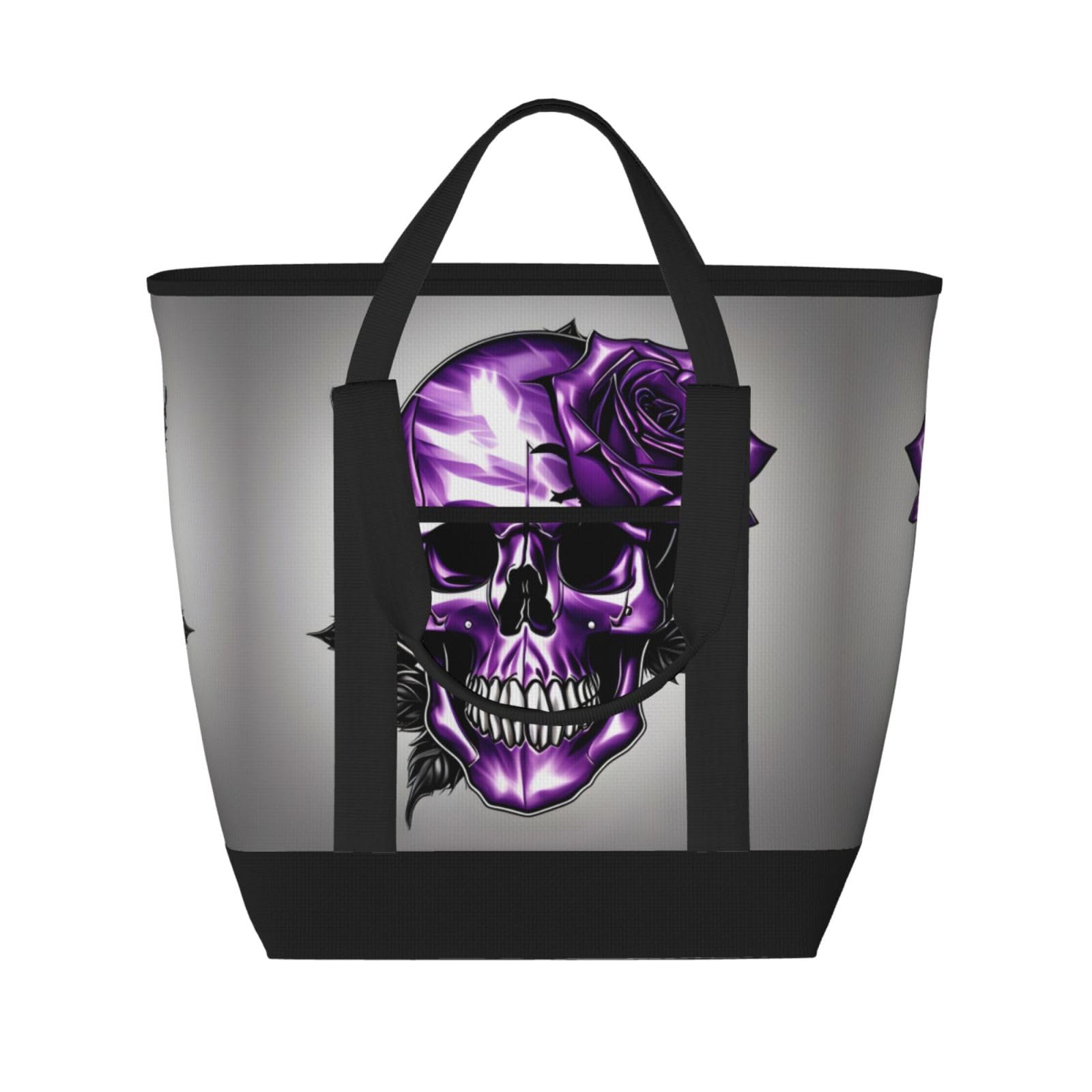 YQxwJL Isolierte Kühltasche mit violetten Rosen und Totenkopf-Aufdruck, große Kapazität, Einkaufstasche, Reisetasche, Strand, wiederverwendbare Einkaufstasche für Erwachsene, Schwarz, Einheitsgröße