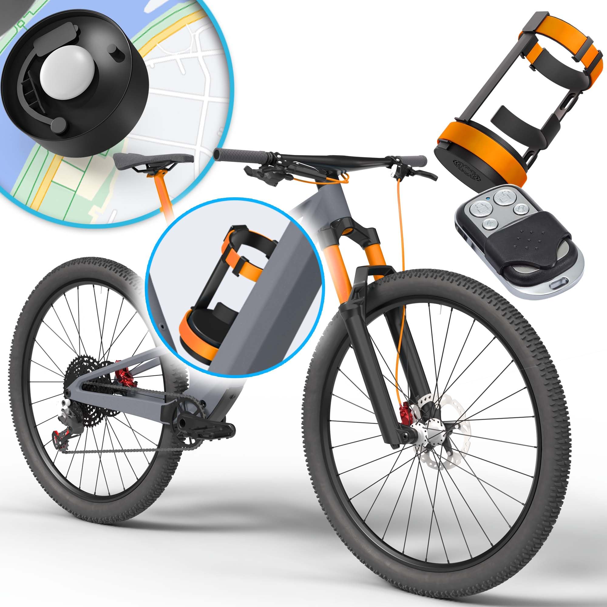 Parkwächter B1 Fahrrad Flaschenhalter mit Alarm, AirTag Flaschenhalter, Getränkehalter Fahrrad, Trinkflaschenhalter, variabel für viele Flaschen, Fahrradalarm IP55 Schutz, orange