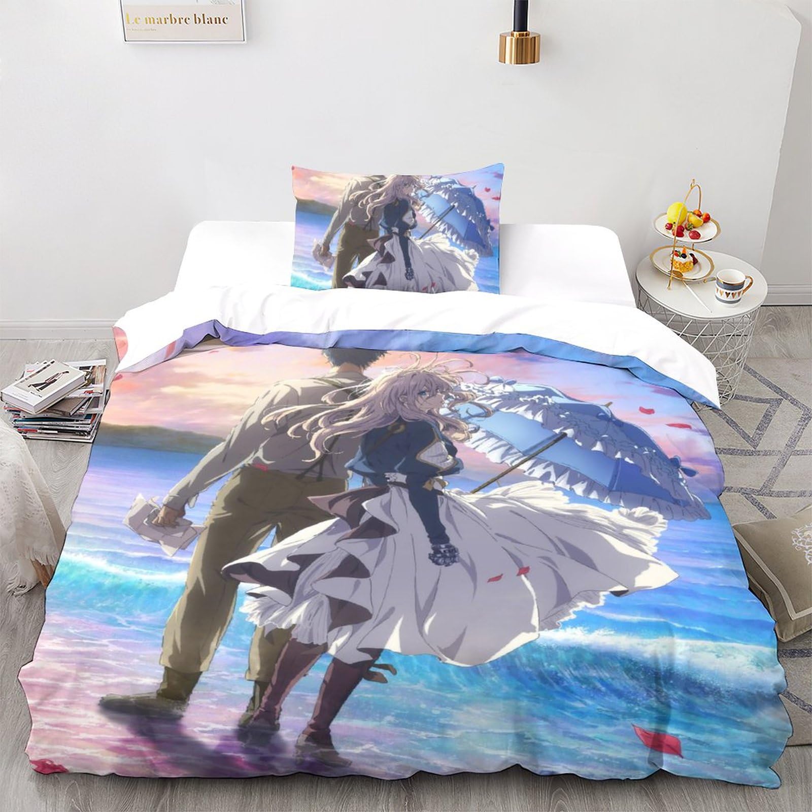 UKALOU Violet Evergarden 3-Piece Duvet Cover Set - 3D Printed Comforter Cover with Hidden Zipper Closure, Microfiber Anime Bedding Set with Pillowcases for A Cozy Night's Sleep Single（135x200cm）