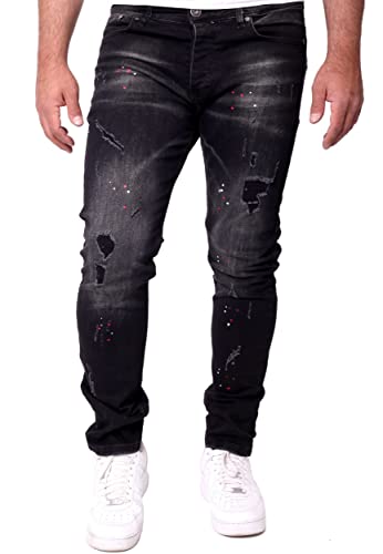 Reslad Jeans Herren Color-Splashes Stretch Denim Destroyed Jeanshose Männer-Hose Slim Fit RS-2101 Schwarz W32 / L32