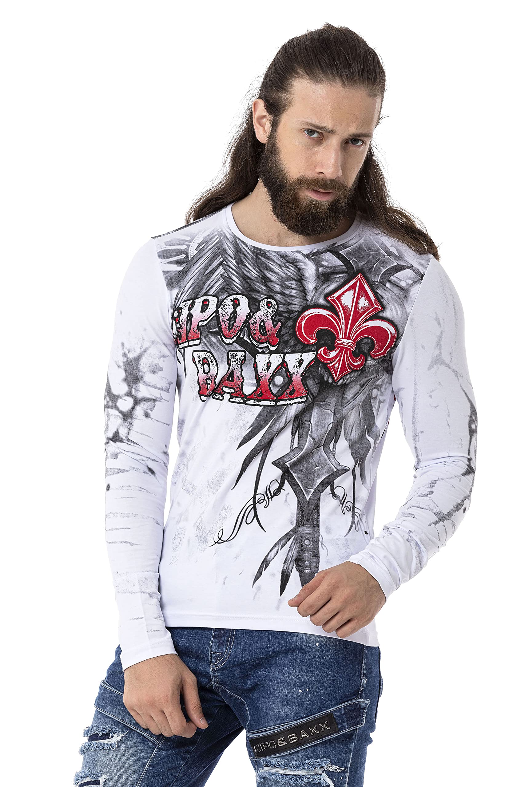 Cipo & Baxx Herren Langarmshirt Print Longsleeve Rundhals Sweater CL522 Weiß L