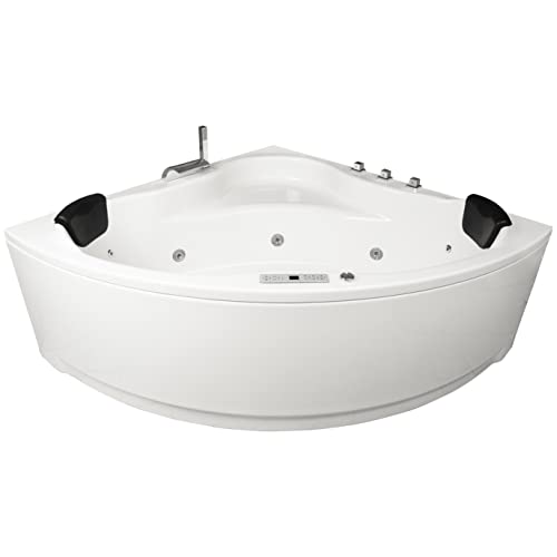 Basera® Premium Indoor Eck-Whirlpool Badewanne Malai 150 x 150 cm mit 21 Massagedüsen, Heizung, Ozongenerator, Bodenansaugung, Wasserfall, LED-Ambiente, Touchpanel, Bluetooth, Radio