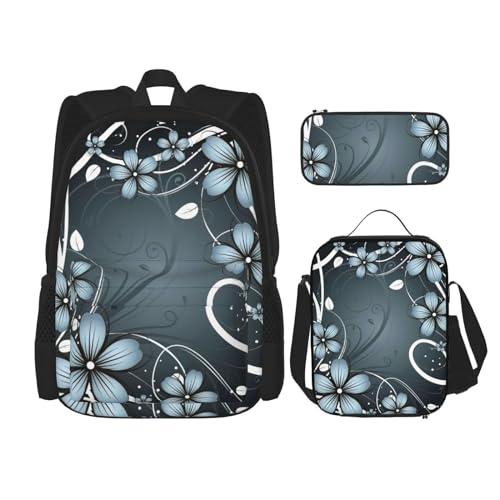 WURTON Schulrucksack-Set mit blauem Blumendruck, mit Lunchtasche, Federmäppchen, Kombination, Schultaschen-Set