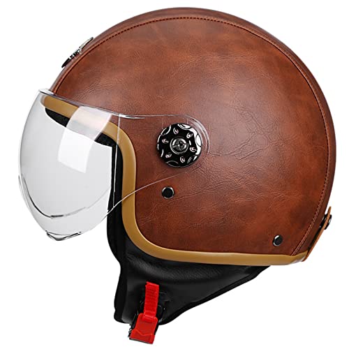 3/4 Motorradhelm, Pu-leder Jethelm, Vintage Motorrad Modularhelm, Vierjahreszeiten Lokomotive Rollerhelm mit High-definition-linse Unisex, Ece/dot Zugelassen,Braun,L