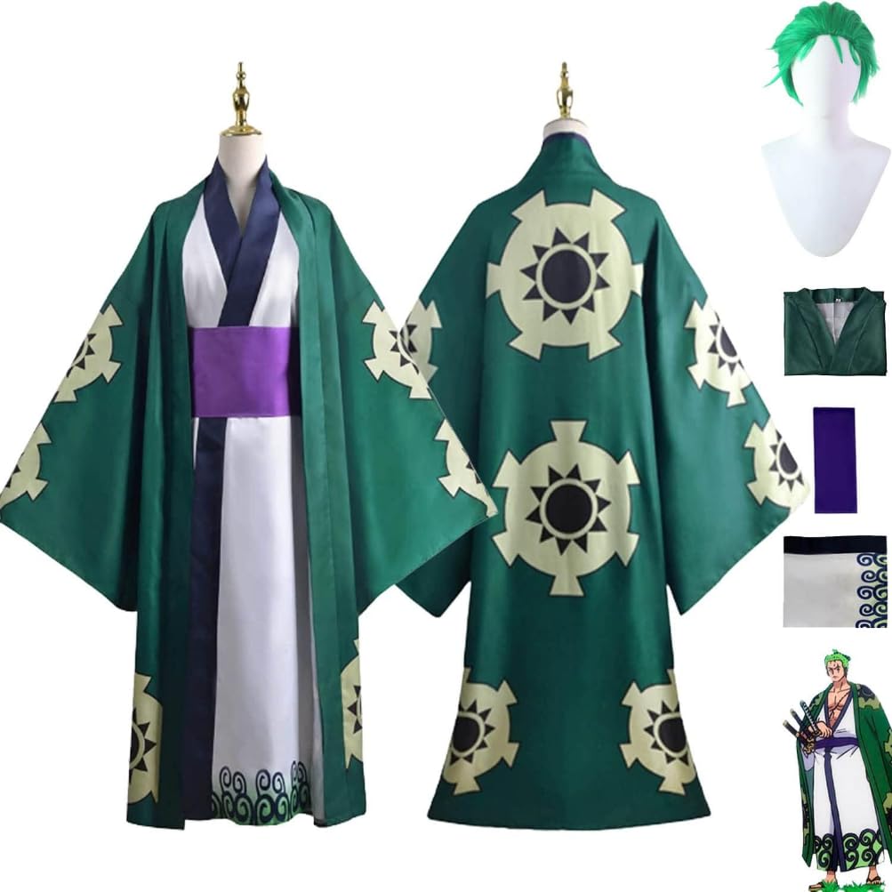 JGZGCG Anime Roronoa Zoro Cosplay Kostüm Outfit Grüne Gewand Hose Perücke Kinono Full Set Halloween Party Karneval Uniform Anzug