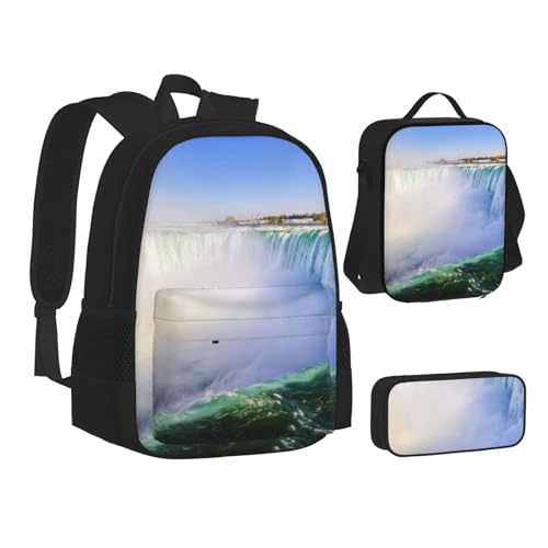 WURTON Büchertasche mit Wasserfall- und Regenbogen-Druck, Lunch-Tasche, Federmäppchen, 3-in-1, Schulrucksack-Set, Kinderrucksack