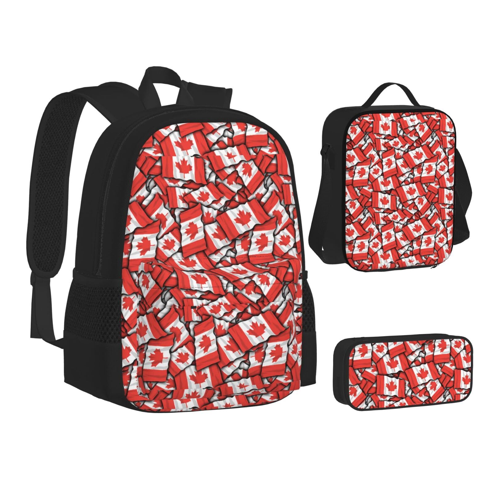 WURTON Rucksack für Teenager, Motiv: kanadische Flagge, 3-in-1 (Federmäppchen + Schultasche + Lunchtasche)