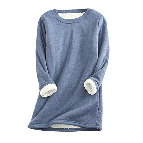 Sweatshirt Damen Fleece Warmer Sherpa Gefüttertes Pullover Rundhals Einfarbig Thermounterwäsche Winter Casual Basic Langarmshirt Oberteil