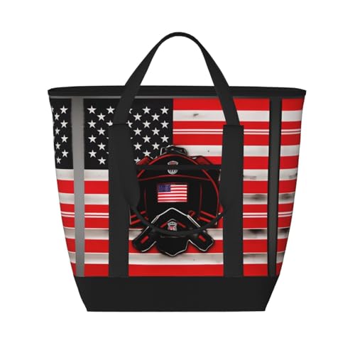 YQxwJL Red Line Kühltasche mit Feuerwehrmann-Flagge, großes Fassungsvermögen, isolierte Kühltasche, Einkaufstasche, Reisetasche, Strand, wiederverwendbare Einkaufstasche für Erwachsene, Schwarz,