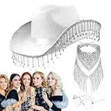 Cowboyhut Mit Strass-Quaste – Cowboyhut Für Damen | Faschings-Cowgirl-Hüte Mit Breiter Krempe | 3 Stück Cowgirl-Schal Für Damen | Herz-Brillen-Set Für Halloween, Maskerade, Abschlussfeier, Cosplay-Zub