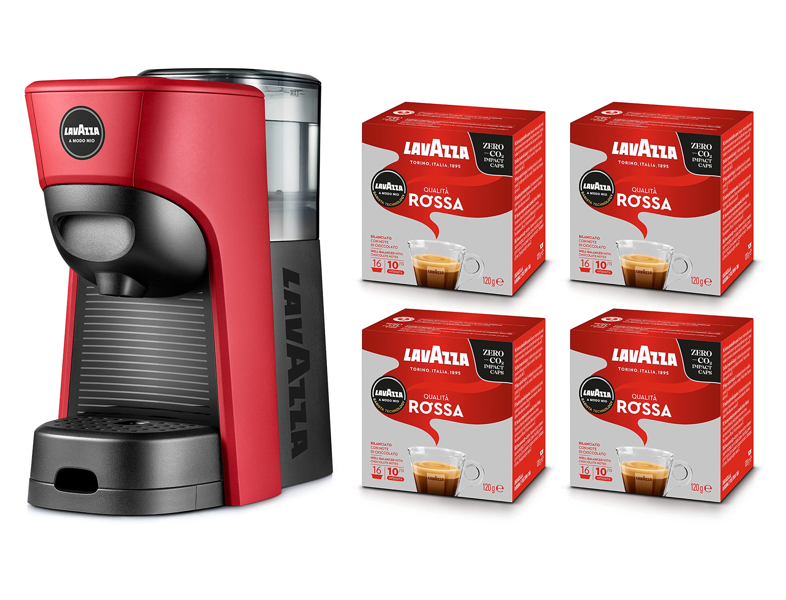 Lavazza, A Modo Mio Tiny Eco Rote Kaffeemaschine mit 64 Kapseln, Espressomaschine aus recyceltem Kunststoff, 1450 W, 220-240 V, 50/60 Hz, 0,6 Liter