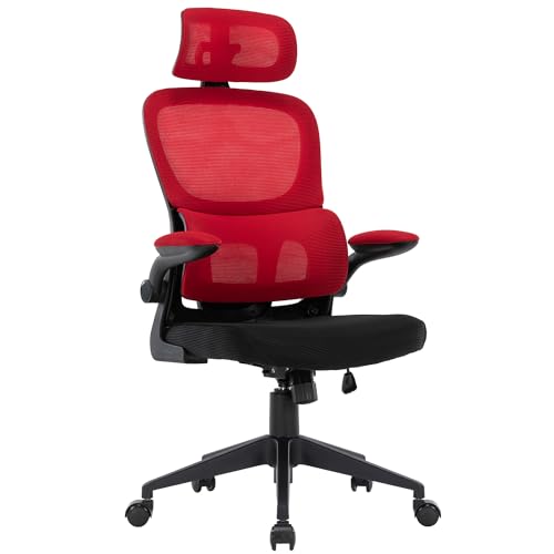 TRISENS Flexibler Bürostuhl in moderner Mesh-Optik ergonomischer Schreibtischstuhl mit Nacken- und Lordosenstütze Gamingstuhl mit atmungsaktiver Netzrückenlehne und Wippfunktion, Farbe:Schwarz/Rot