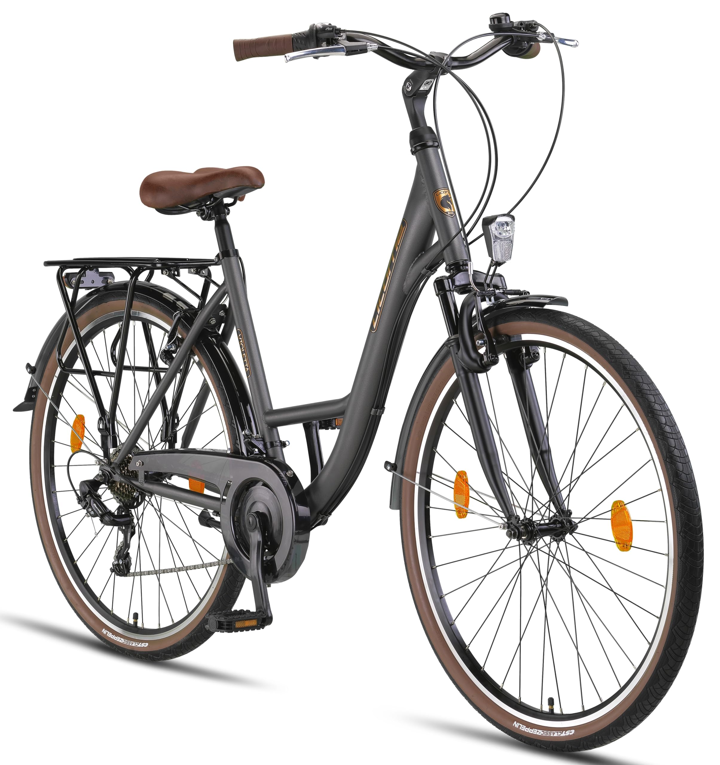 Licorne Bike Premium City Bike in 24,26 und 28 Zoll - Fahrrad für Mädchen, Jungen, Herren und Damen - 21 Gang-Schaltung - Hollandfahrrad - Violetta - Anthrazit