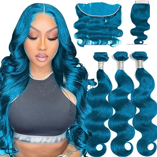 Human Hair Bundles Echthaar-Bündel mit Verschluss, peruanisches Remy-Haar, blaue Körperwelle, 3 Bündel, Echthaar-Webart-Erweiterungen human hair weave (Size : 4" x 4", Color : 26 26 26 and20)