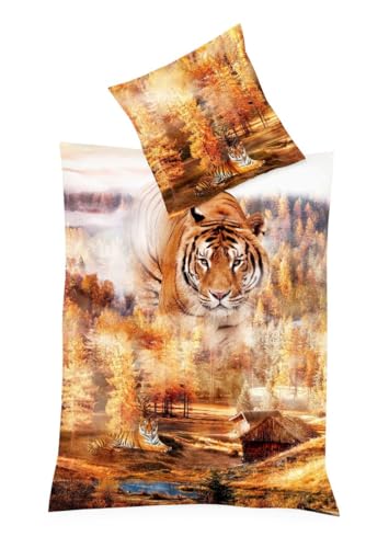 JACK by Kaeppel Mako Satin Digitaldruck Bettwäsche 2 TLG. Tiger Raubkatze Wald Wild Ocker Herbst Orange, Größe:135x200cm Bettwäsche