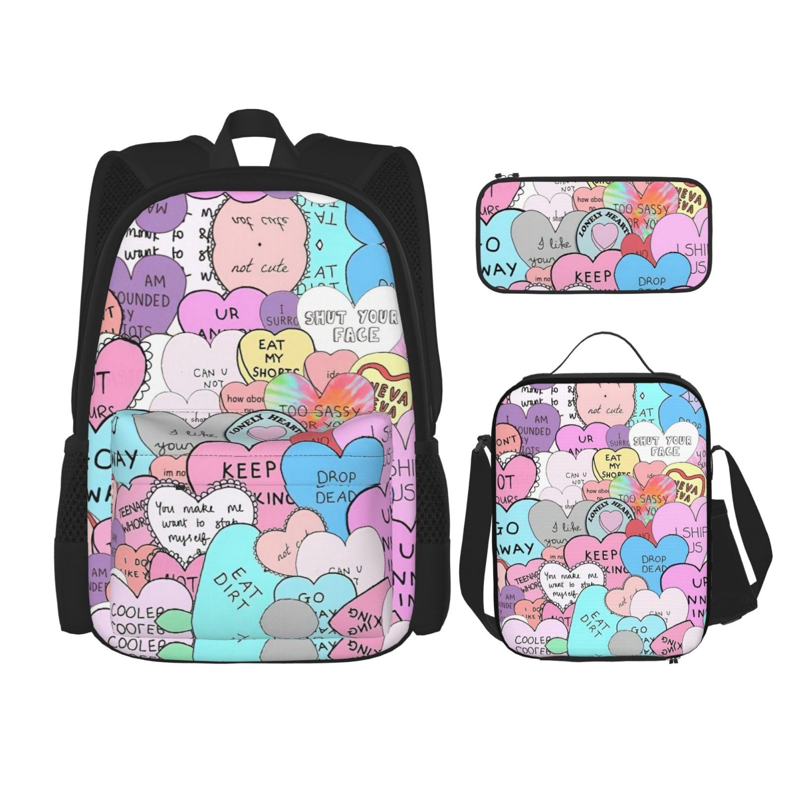 WURTON Bunte Herz Druck Schule Rucksack 3 In 1 Büchertasche Set Mit Lunch Box Bleistift Fall Reise Laptop Daypacks