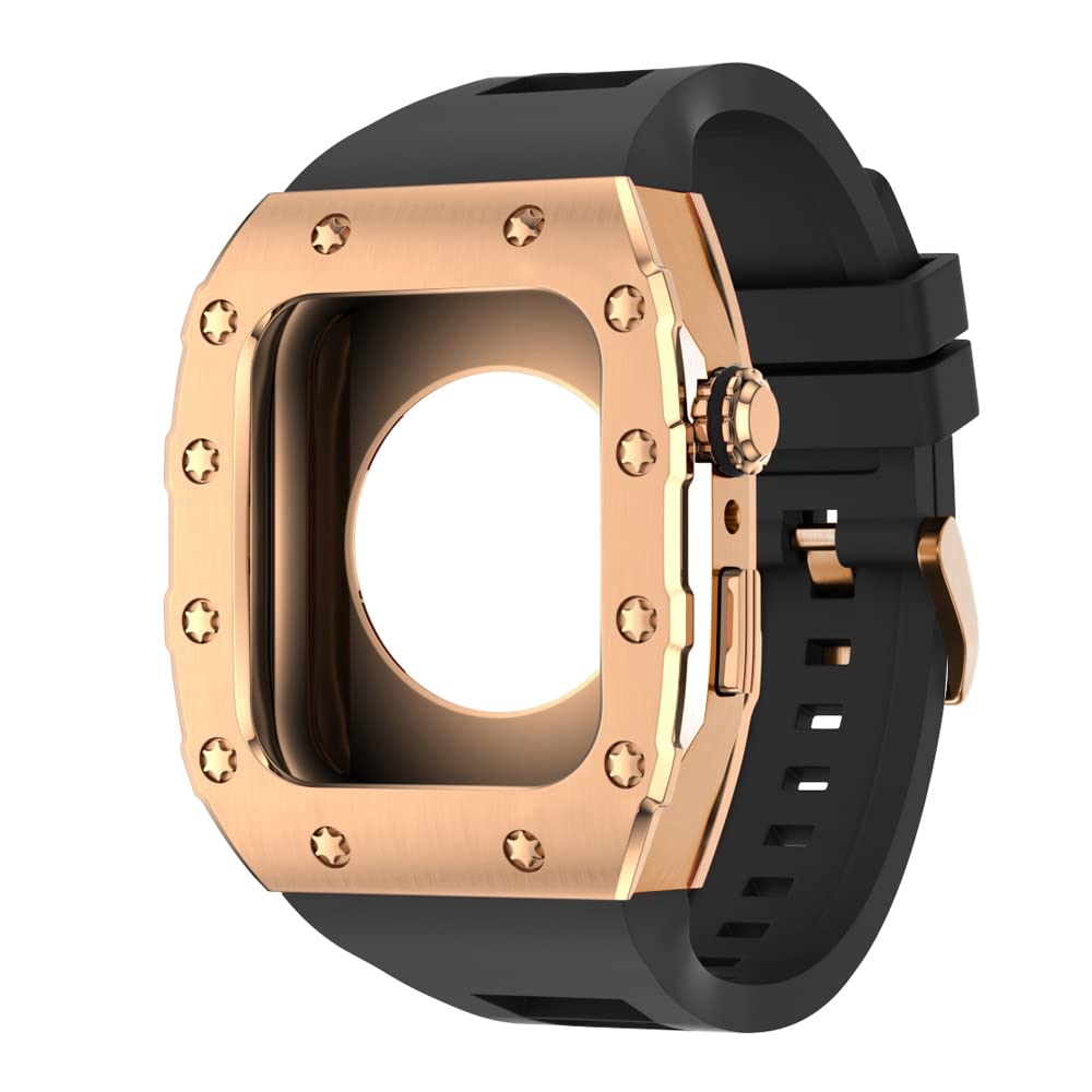 KANUZ 44 mm 45 mm Modifikationsset für iWatch Serie 7, 6, 5, 4 SE, Metallgehäuse, Silikonband für Apple Watch, Gummiband, Stoßfängerabdeckung (Farbe: RG-RG-B, Größe: 44 mm)