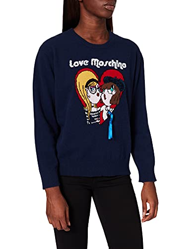 Love Moschino Damen Round Neck Long Sleeves, with Themed Dolls Intarsia and Sequin Accents Pullover Sweater, Dark Blue, 42