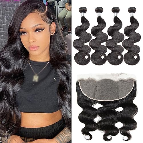 Human Hair Bundles 16-30 Zoll Körperwelle Bundles mit Frontalverschluss Brasilianisches Lockiges Menschenhaar 3/4 Bundles Wasserwelle Menschliches Haar Bundles human hair weave (Color : 5x5 Transpare