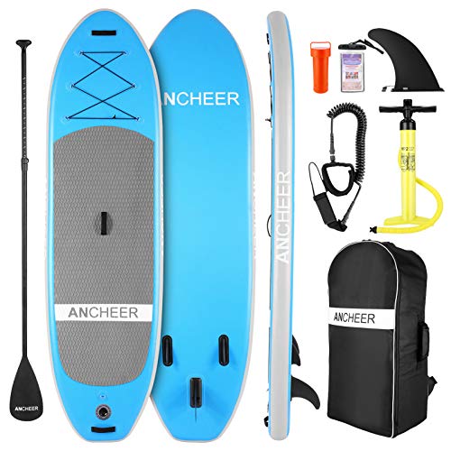 ANCHEER Aufblasbares Stand Up Paddle Board mit Komplett SUP Zubehör, Rucksack, Leine, verstellbarem Paddel und Handpumpe, Bodenflosse, wasserdichter Tasche, Reparaturset, Jugendliche und Erwachsene