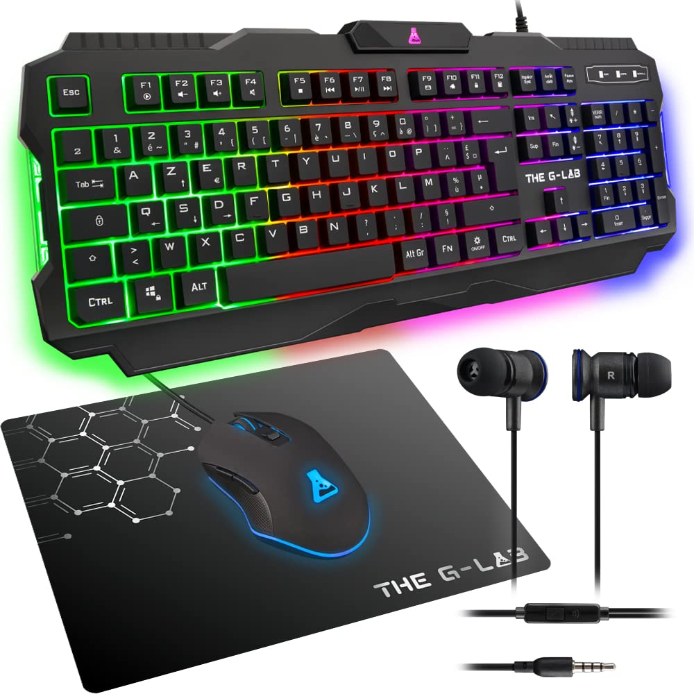 THE G-LAB Combo Helium – Gaming-Paket 4 in 1 – Italienische Gaming-Tastatur mit Hintergrundbeleuchtung, Gaming-Maus 3200 DPI, Kopfhörer, rutschfeste Mausmatte – PC Mac PS4 PS5 Xbox One Gamer Pack