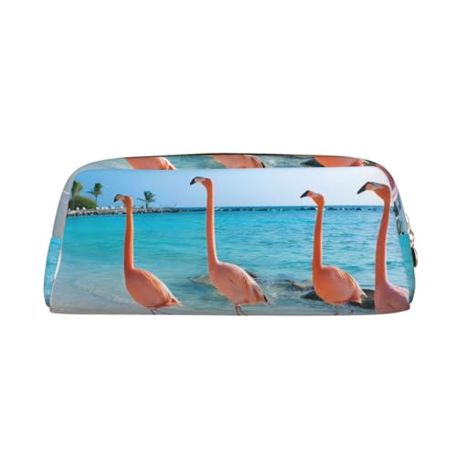 GZYL Federmäppchen mit Flamingo am Strand, bedrucktes Federmäppchen, Leder, tragbares Federmäppchen, gold, Einheitsgröße, Münzfach