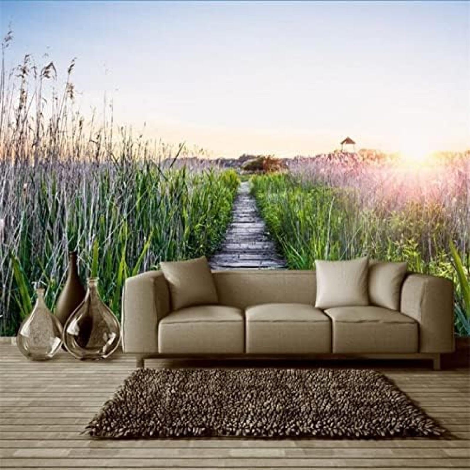 XLMING Schöne Romantik Gras Grüne Blumen Schöne Landschaft 3D Tapete Wohnzimmer Sofa Schlafzimmer Esszimmer Home Dekoration Wand-250cm×170cm