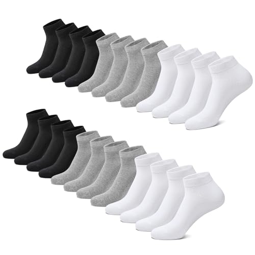 FALARY Sneaker Socken Damen 35-38 Herren Sneakersocken 12 Paar Kurze Halbsocken Baumwolle Schwarz und Weiß grau