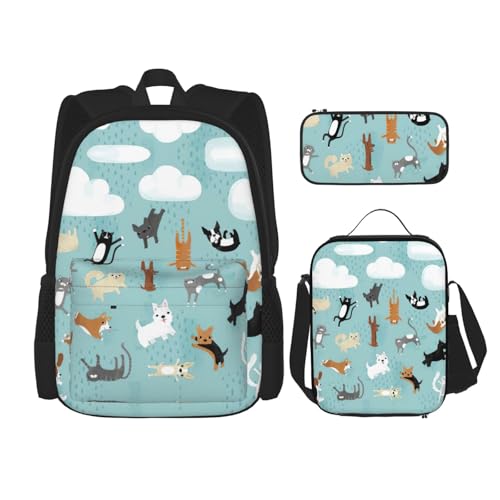 WURTON Rucksack mit Aufdruck "Raining Cats & Dogs", 3-in-1, Büchertaschen-Set, Lunchbox, Federmäppchen, Reise-Laptop-Tagesrucksäcke, Schwarz, Einheitsgröße