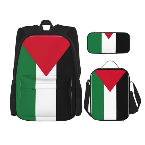 WURTON Schulterrucksack, Palästina-Flagge, 3-in-1, Büchertaschen-Set, Lunchbox, Federmäppchen, Reisen, Laptop, Tagesrucksäcke