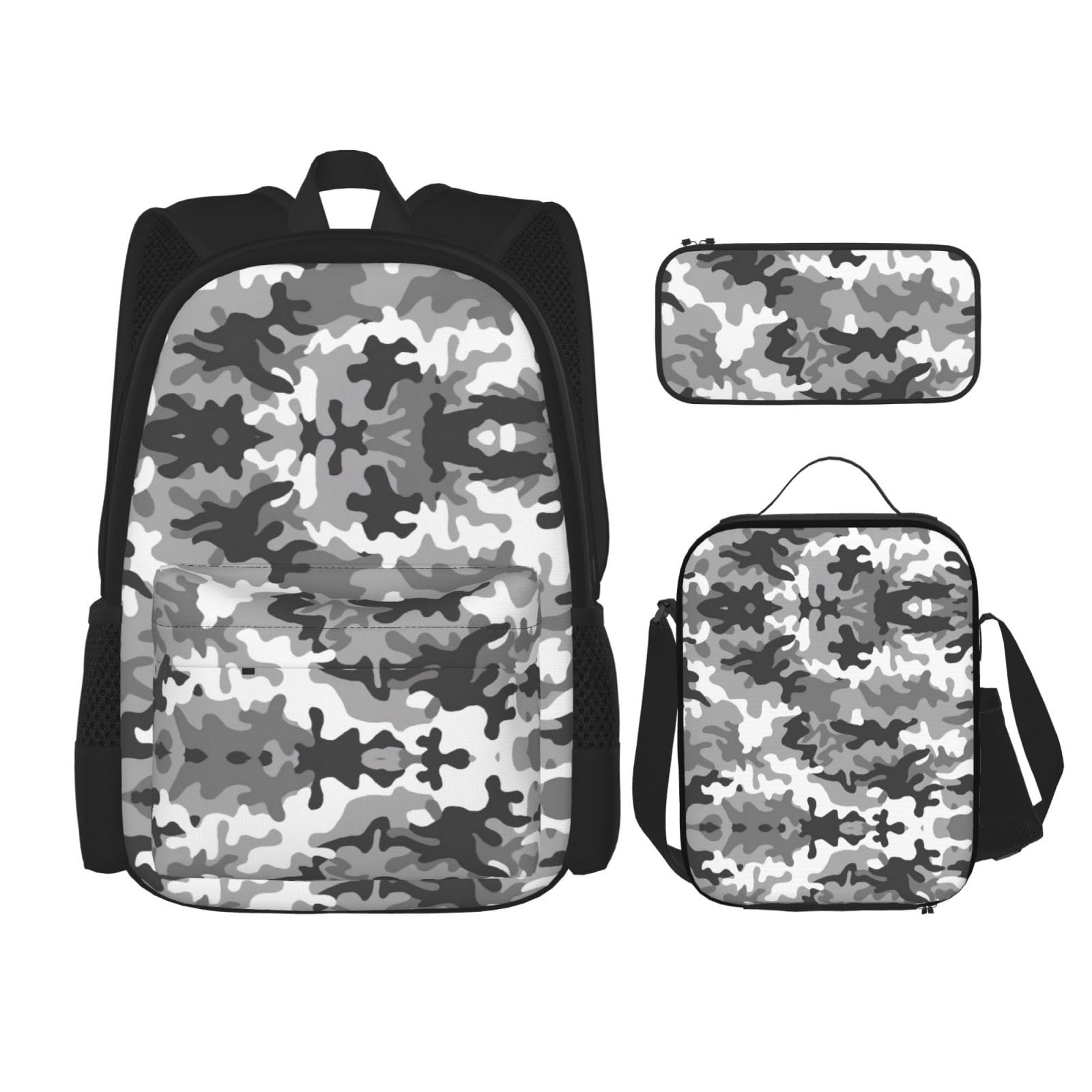 WURTON Digitaler Camouflage-Druck, 3-in-1-Sets, lässig, verstellbar, Schulter-Rucksack, Lunch-Tasche, Federmäppchen, Beutel, Schwarz, Einheitsgröße