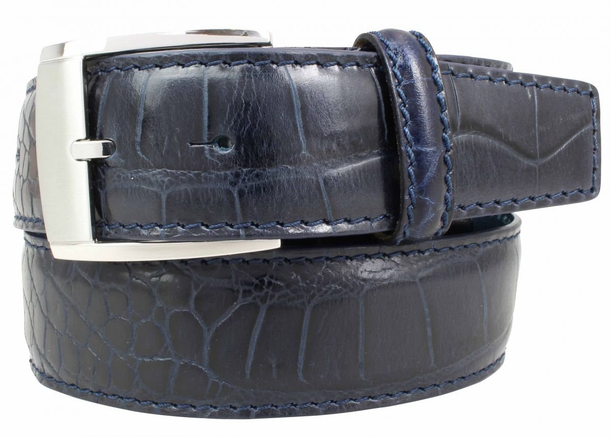 BELTINGER Anzug-Gürtel mit Krokoprägung 3,5 cm | Leder-Gürtel für Herren 35mm Kroko-Optik | Herren-Gürtel mit Kroko-Muster | Marine 115cm