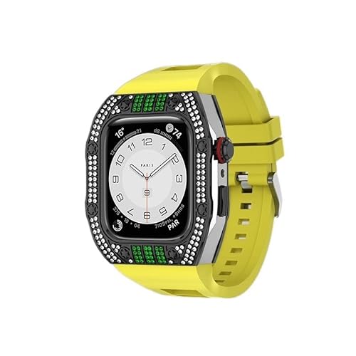 KANUZ Luxuriöses Diamantgehäuse-Modifikationsset für iWatch 8, 7, 6, SE, 5, 4, Gummiband, 44 mm, 45 mm, für Apple Watch, Metallbeze-Uhrenarmband (Farbe: Diamant-Gelb-SBGr, Größe: 45 mm)