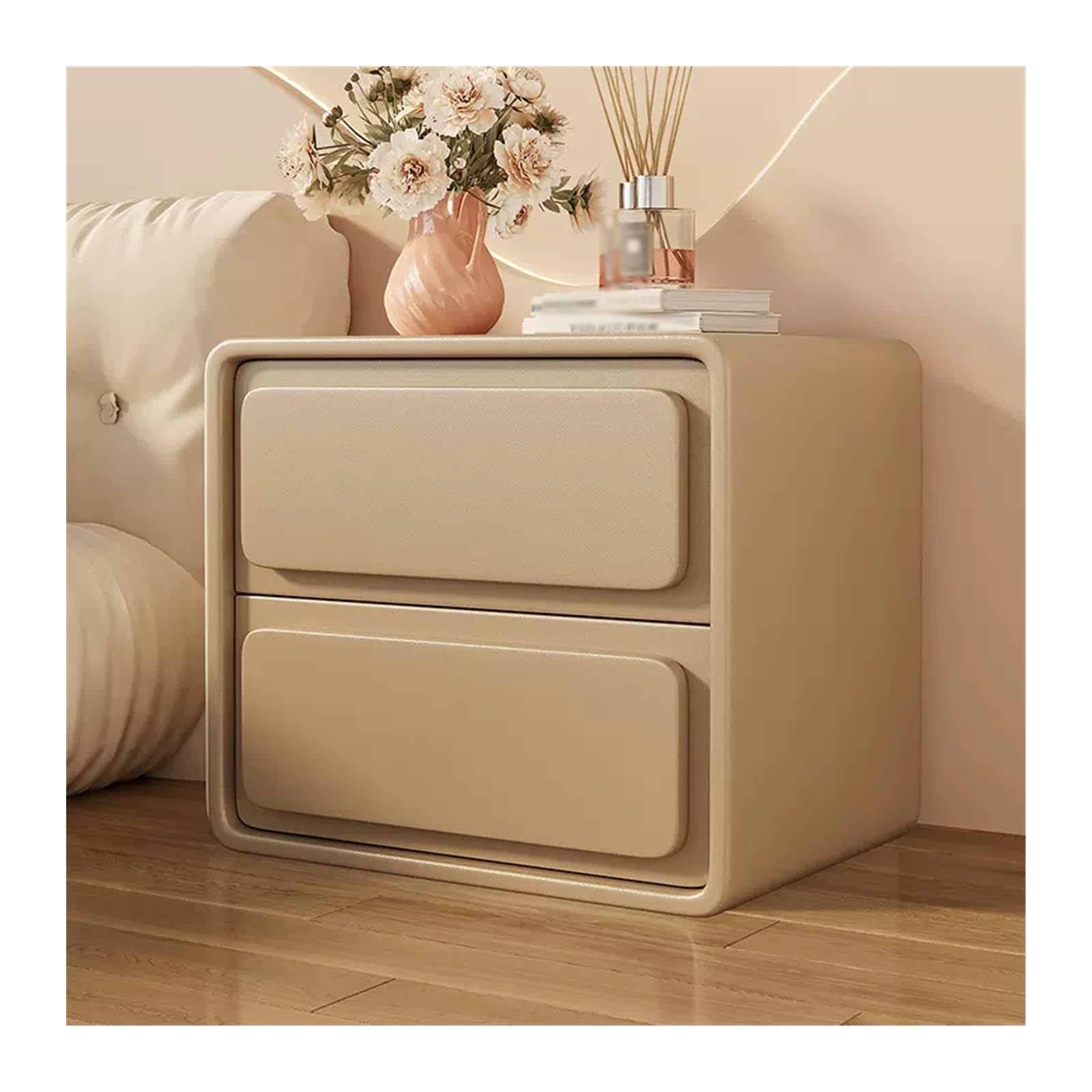 Nachtschrank Nachttisch im Holz-Creme-Stil, einfarbig, einfacher Nachttisch mit Zwei Schubladen, Nachttisch, großes Fassungsvermögen Stauraum für Schlafzimmer(Beige,Groß)