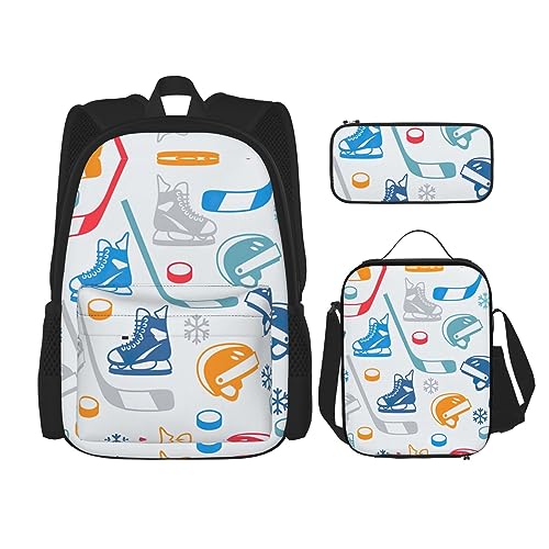 WURTON Hockey-Elemente, kreativer gemusterter Druck, 3-in-1-Sets, lässig, verstellbarer Schulter-Rucksack, Lunch-Tasche, Federmäppchen, Beutel, Schwarz, Einheitsgröße