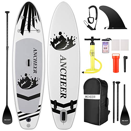 ANCHEER Aufblasbares Stand Up Paddle Board mit Komplett SUP Zubehör, Rucksack, Leine, verstellbarem Paddel und Handpumpe, Bodenflosse, wasserdichter Tasche, Reparaturset, Jugendliche und Erwachsene