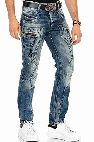 Cipo & Baxx Herren Jeans Doppelter Bund Regular Fit Vintage Hose Denim Straight Fit Jeanshose C-1148 W29 L32 Blau