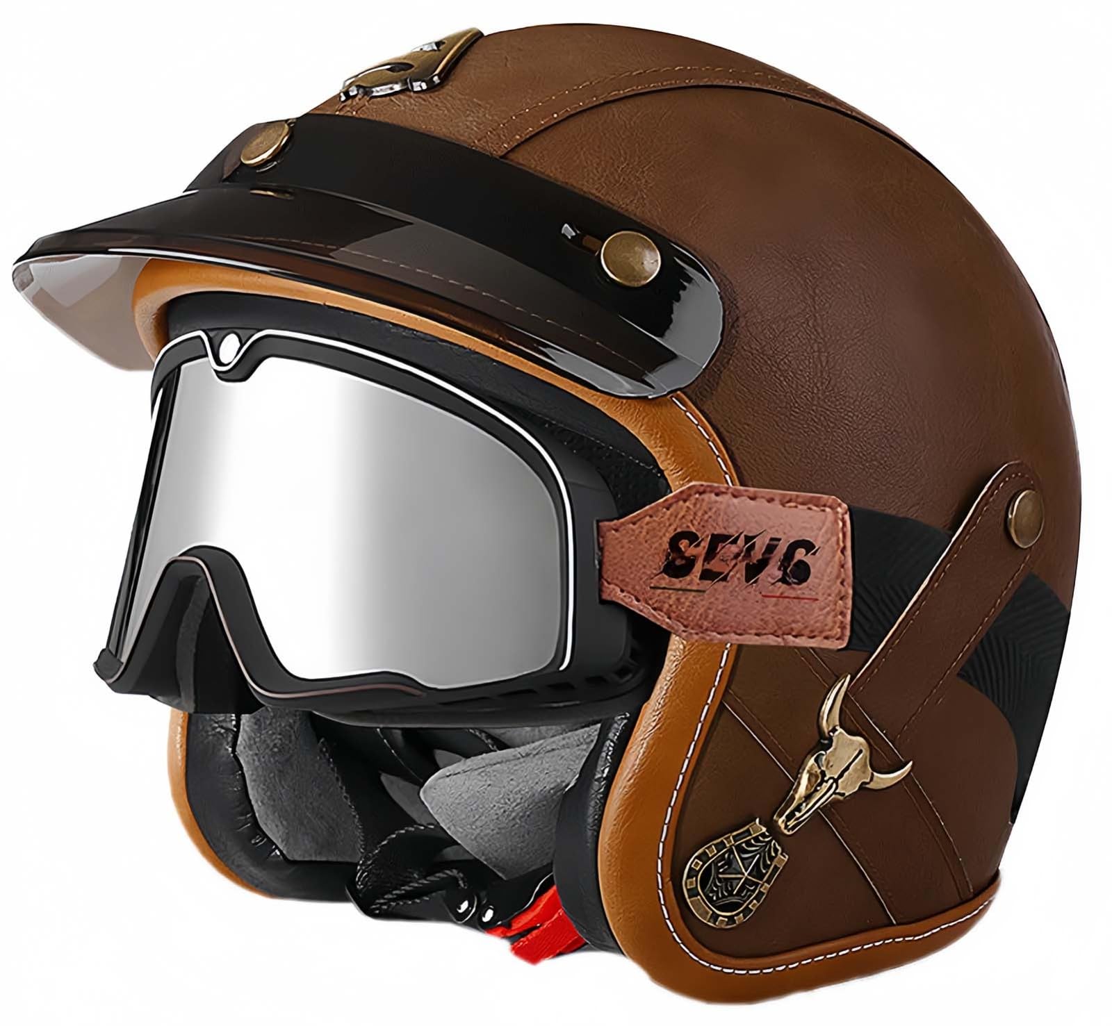 3/4 Vintage Helm Retro Motorradhelm Erwachsene Halbhelm ECE Approved Vintage Für Männer Und Frauen Mit Schutzbrille Offenes Gesicht Mopedhelm C,M54-56CM