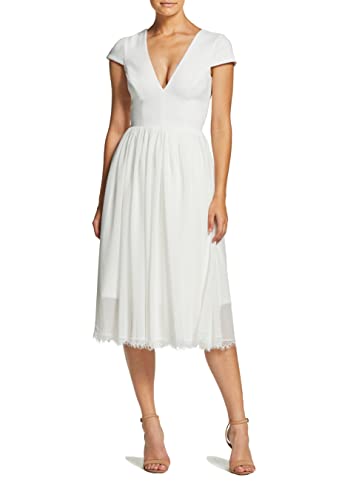 Dress the Population Damen Plunging Mix Media Cap Sleeve A-line Midi Dress Kleid, Cremeweiß-Corey, Groß