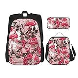 WURTON Flamingo-Blumendruck, trendige Rucksacktaschen, Lunchbox und Federmäppchen, 3-in-1, verstellbares Rucksack-Set, Schwarz, Einheitsgröße, Schwarz , Einheitsgröße